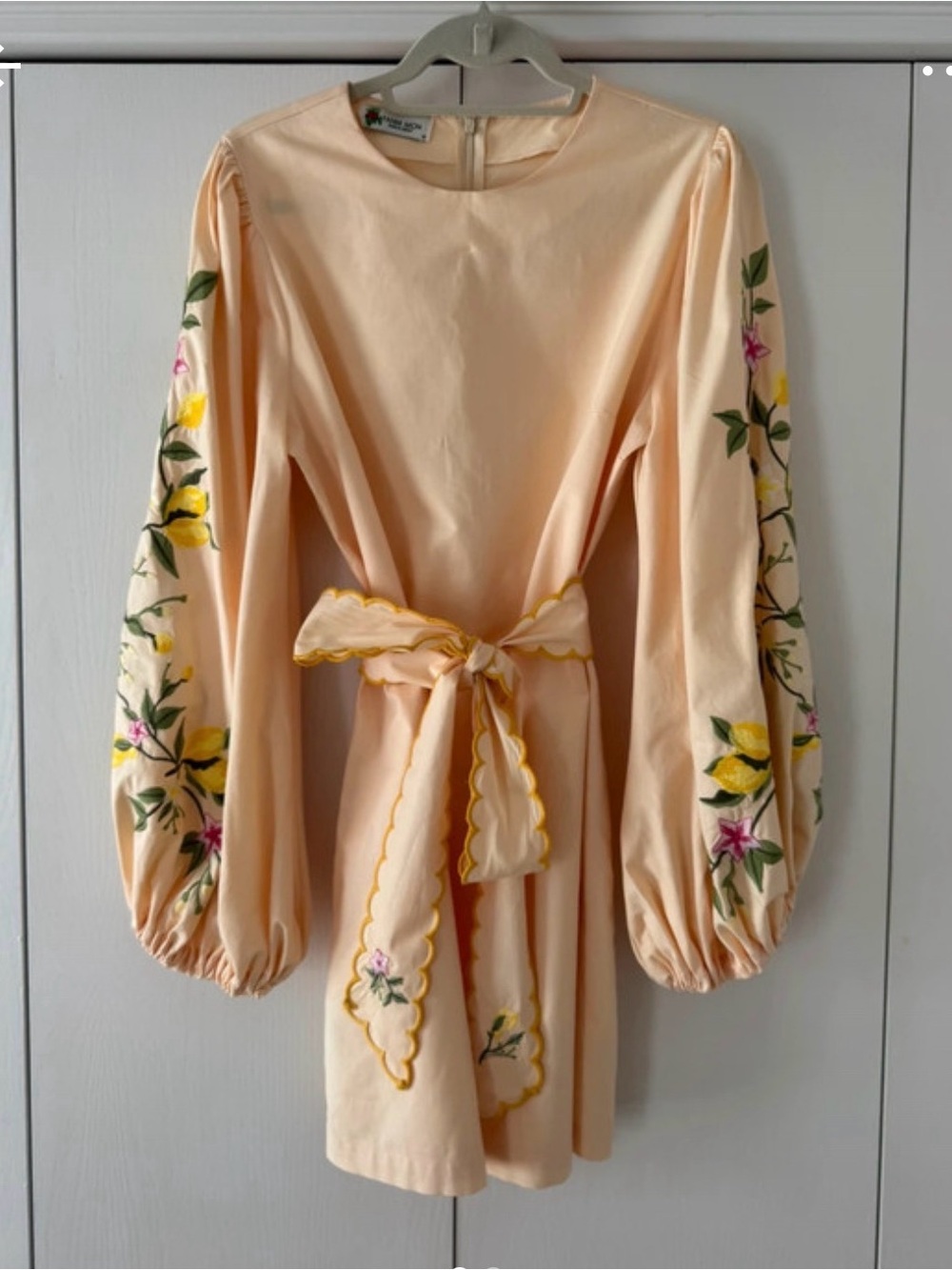 Fanm Mon butter yellow dress with Embroidered Balloon Sleeves and Scalloped Sash